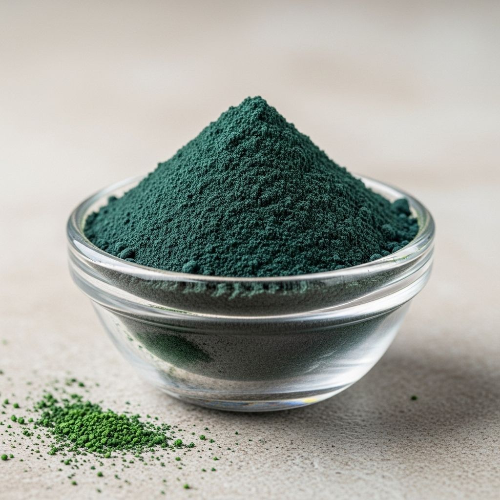 Small glass bowl containing dried spirulina powder, showing its distinctive deep blue-green color against a light textured background with scattered green specks